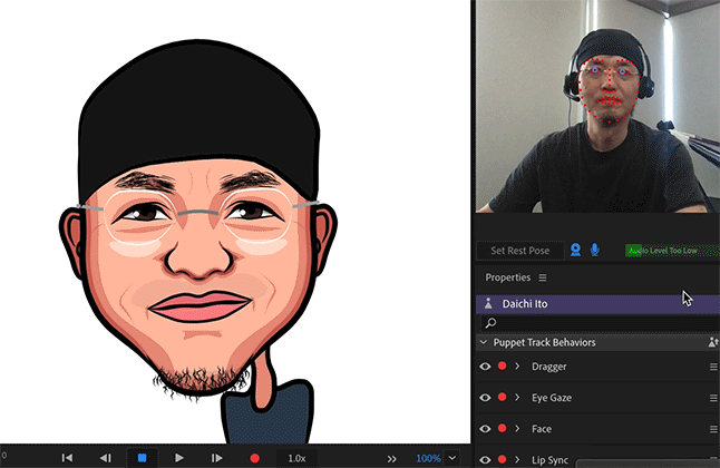 A 2D caricature avatar live-puppeteered from a webcam in Adobe Character Animator