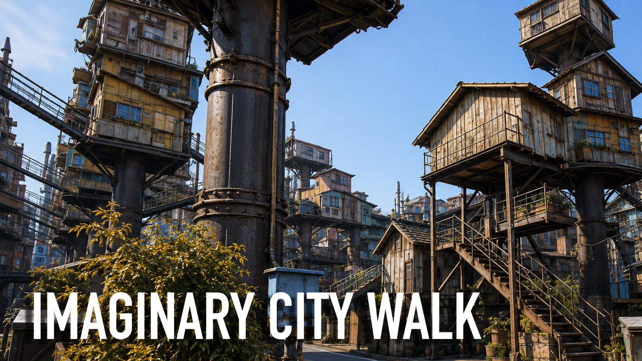 Imaginary city of weathered wooden houses raised on rusted steel towers, titled Imaginary City Walk