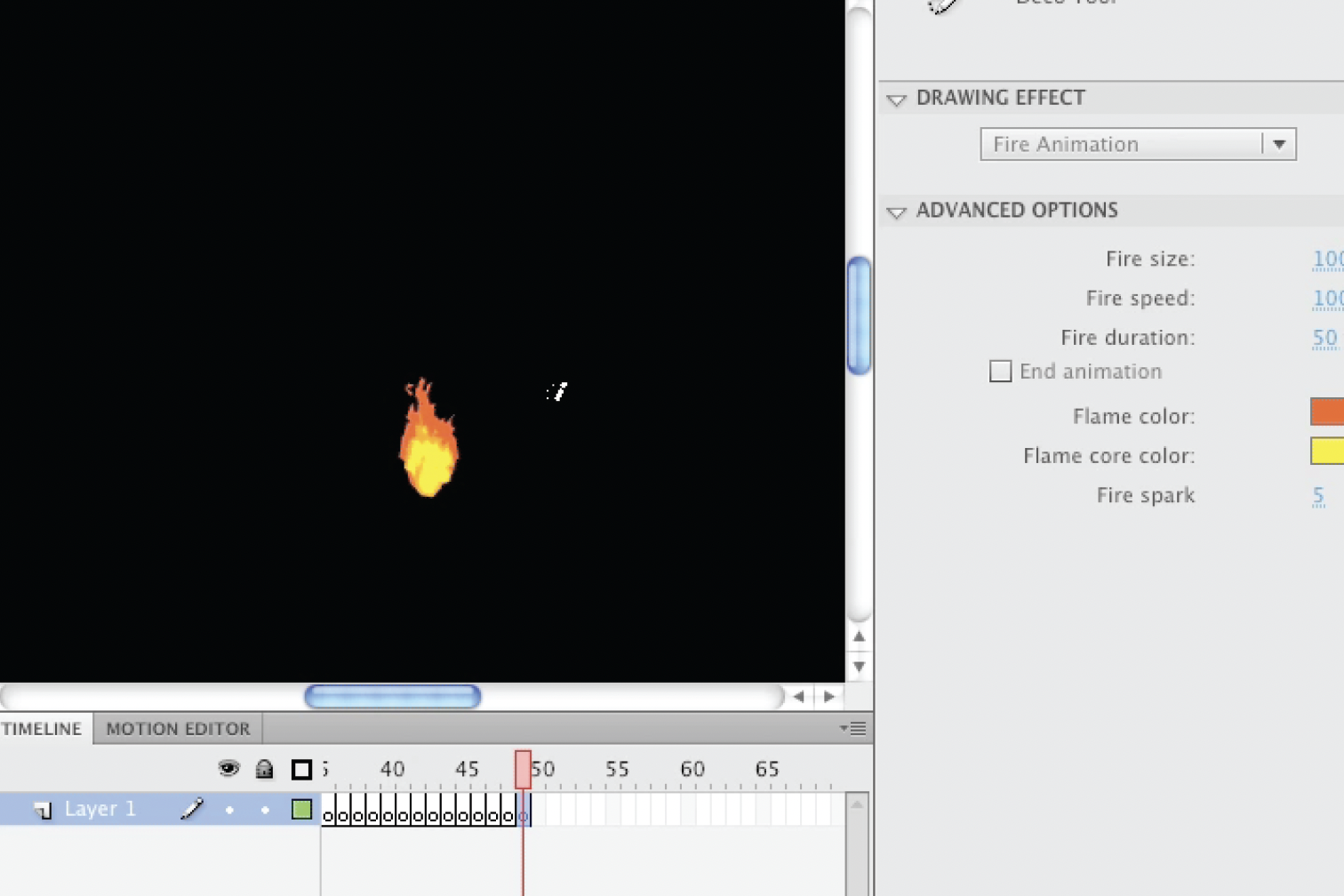 The Fire Animation Deco effect rendering a flame on the canvas in Adobe Flash CS5