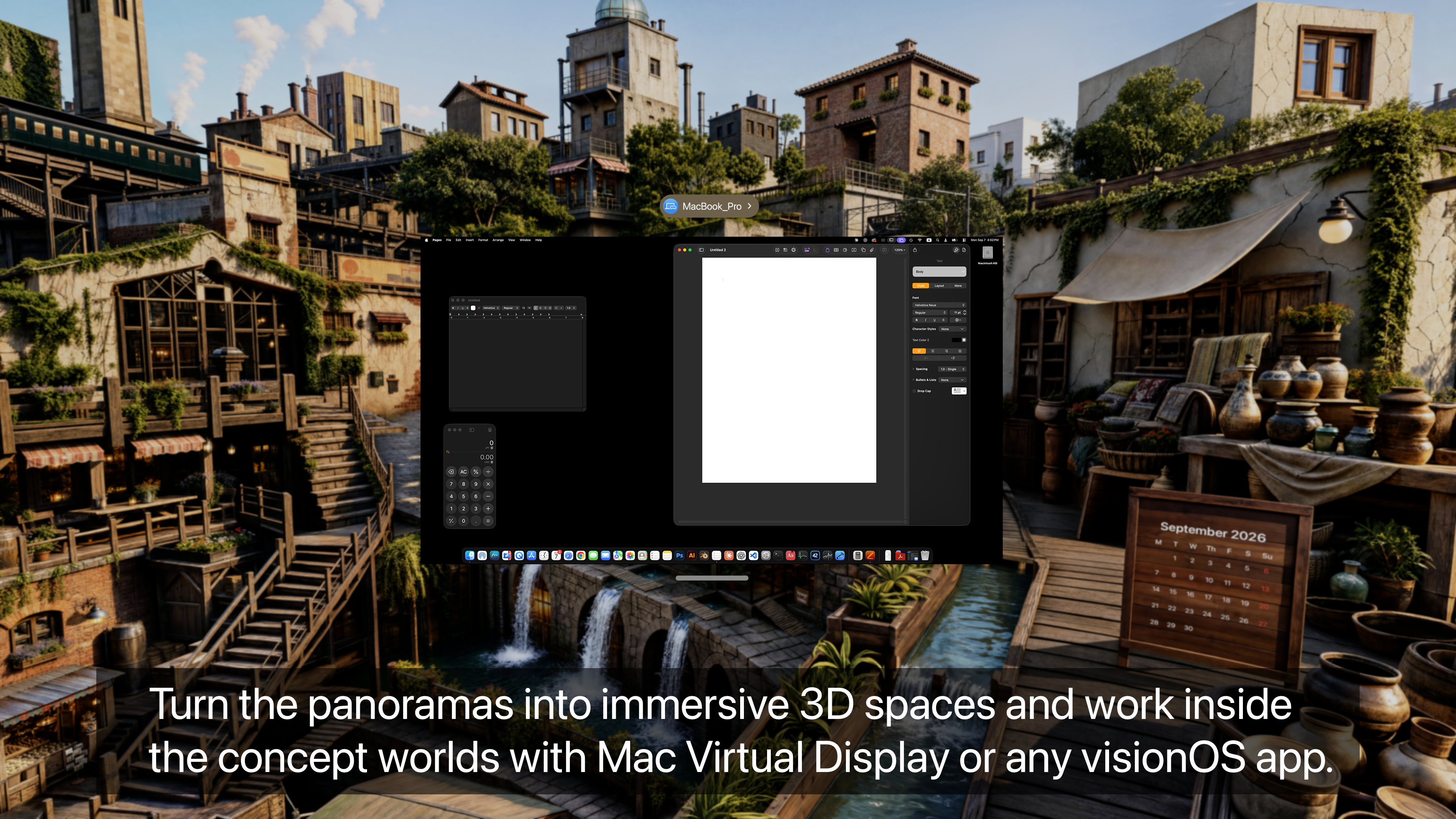 Mac Virtual Display floating inside an imaginary hillside city environment with a wooden calendar, created with Panorama Retreats