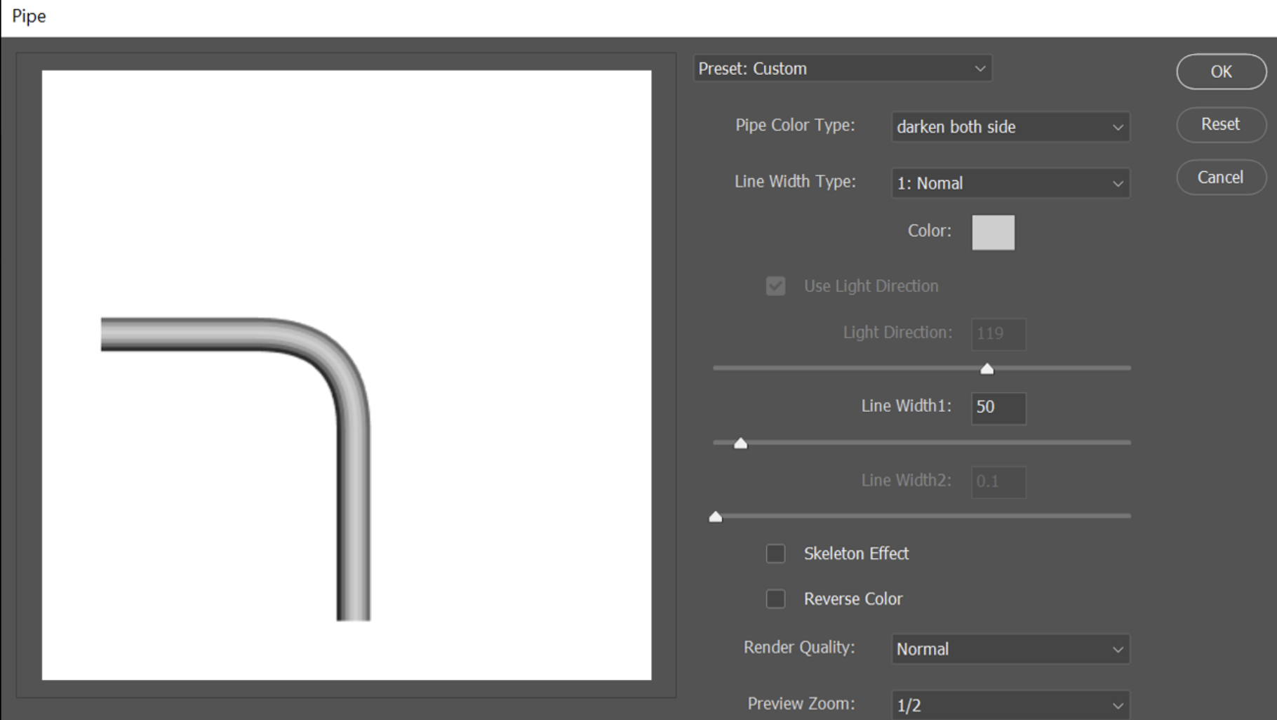The Deco Tools Pipe dialog rendering a pipe along a path in Photoshop
