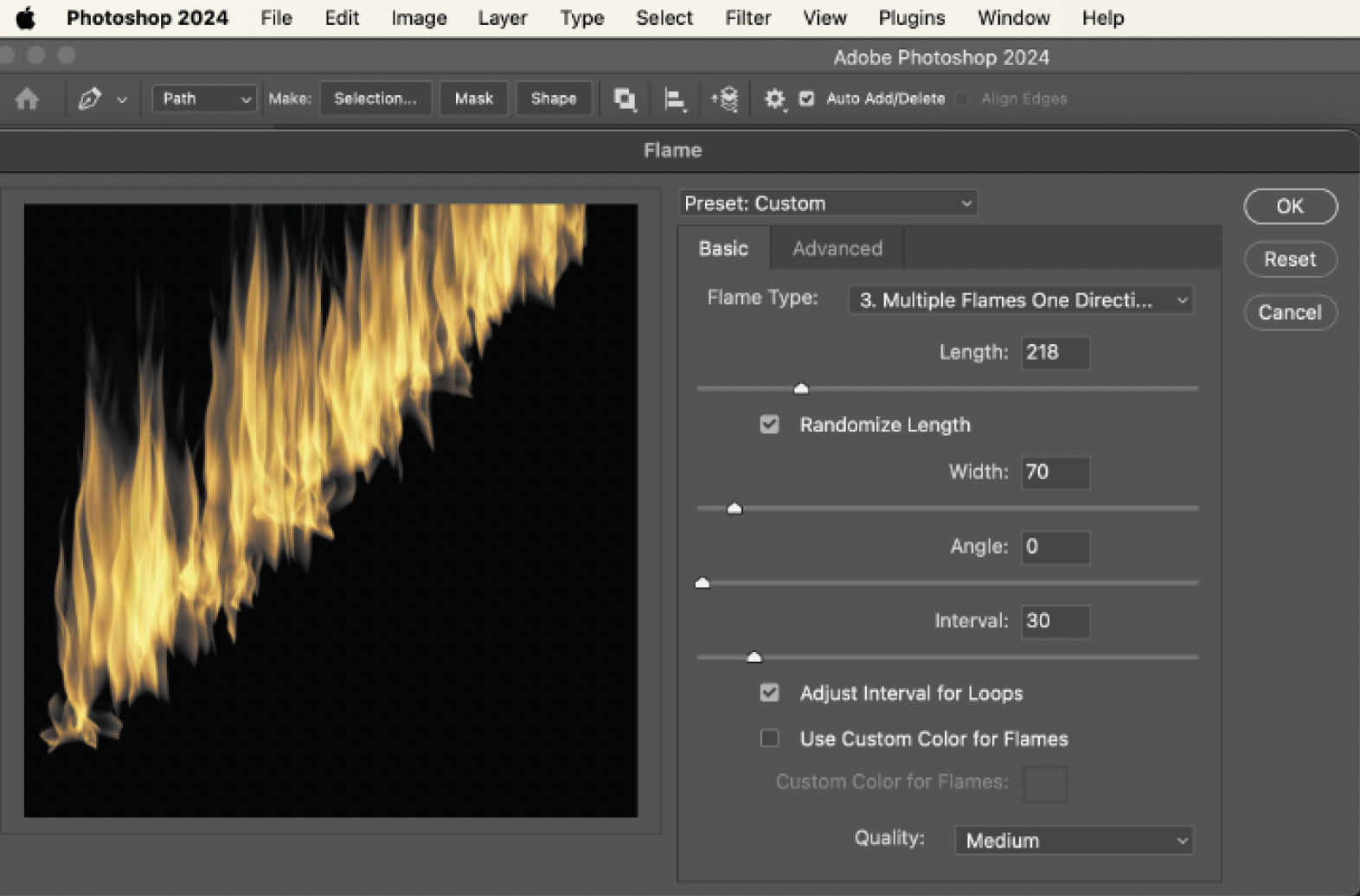 The Flame render filter dialog in Photoshop generating flames along a path