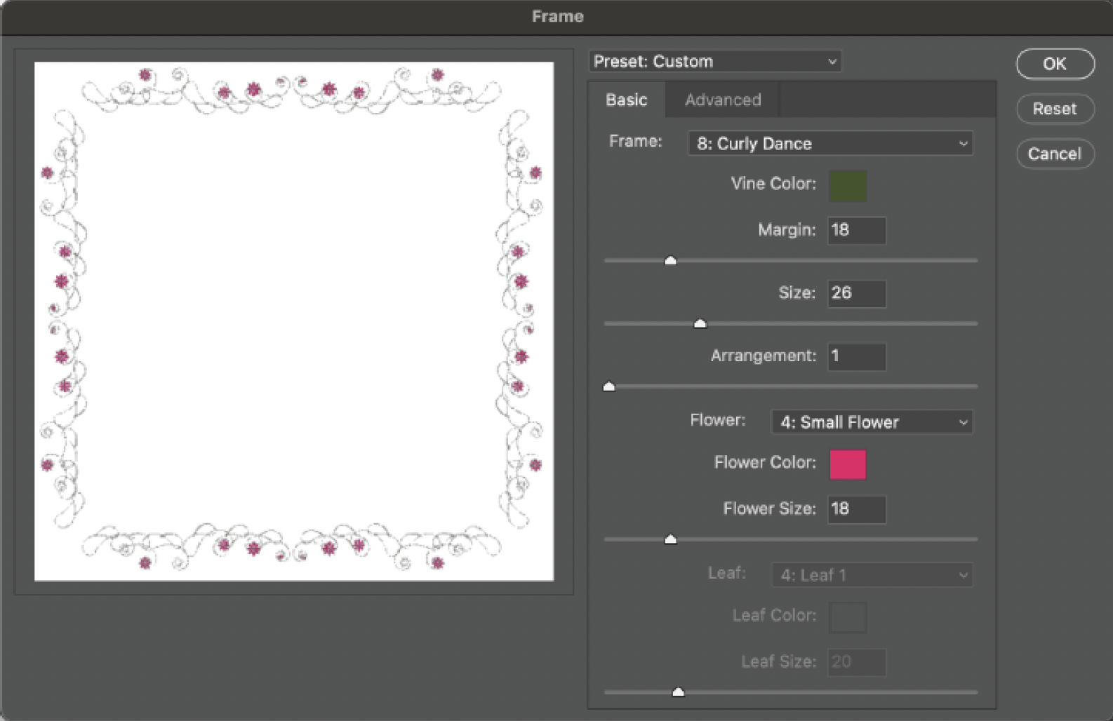 The Picture Frame render filter dialog in Photoshop generating a decorative frame