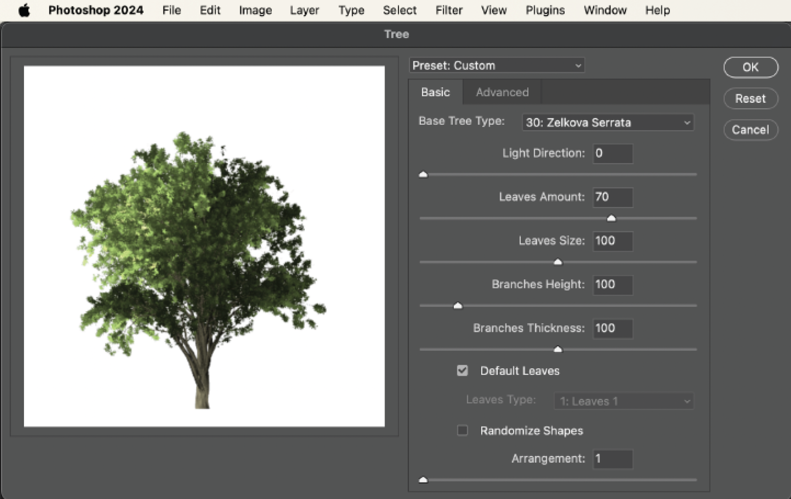 The Tree render filter dialog in Photoshop generating a customizable tree